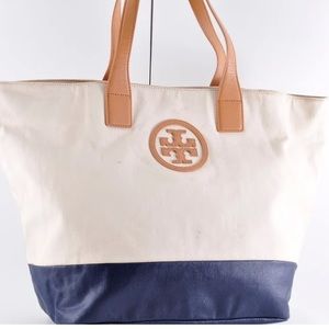 Tory Burch Toto Bag Hand Bag Canvas Leather White Blue